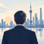 上海の街を前にキャリアを考える人物のイラスト