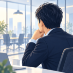 オフィスで仕事について考える男性のイラスト